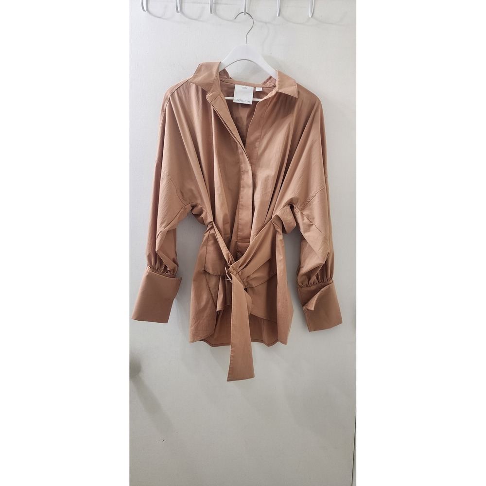 C/MEO COLLECTIVE Belted Button Down Shirt Tan Brown Cuffed Long Sleeve Small